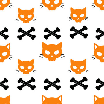 Halloween Cat Skull Bone Pattern Seamless Background