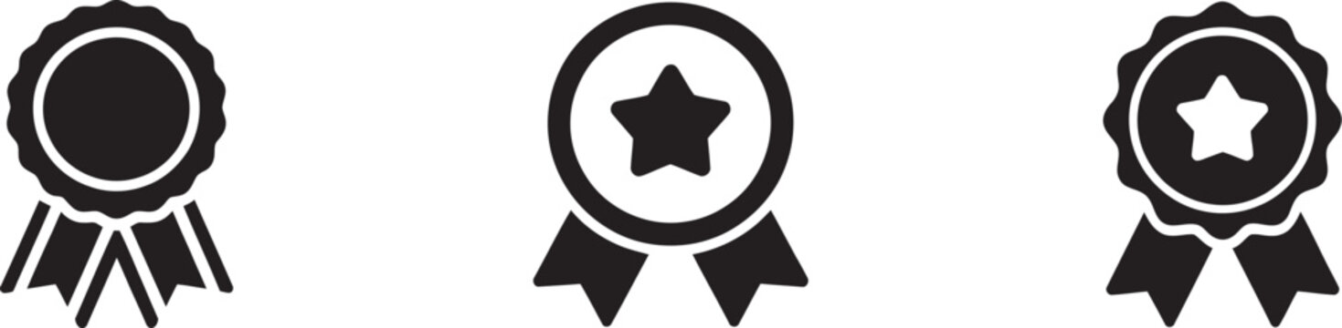 Award, ribbon icon set featuring three black vector badges with stars and circular designs representing achievement, quality certification, and success in clean minimalist style ideal for recognition 