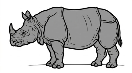 Fototapeta premium Striking black and white illustration of a robust rhinoceros standing in profile, highlighting its iconic horn and thick skin, symbolizing strength in the wild