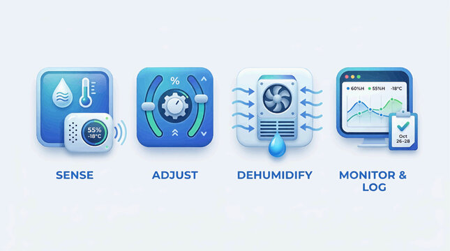 The dehumidify monitor device senses temperature and adjusts settings.