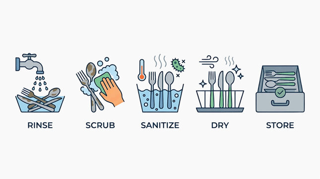 The dental hygiene process involves rinse, scrub, sanitize, dry, and store icons.