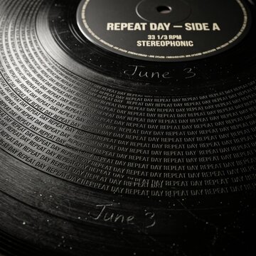 Extreme Macro 3D Render of Black Vinyl Record Grooves Engraved with Continuous "Repeat Day" Text and Hand-Etched June 3 &ndash; Dramatic Side Lighting