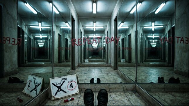  Wide-Angle Realistic Photograph of Mirror Corridor with Infinite Reflections and Lipstick Text "Repeat Day" &ndash; Calendar Showing June 3 Crossed Out