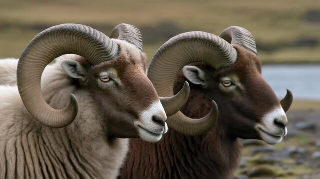Two rams side-by-side with curled horns, nature backdrop