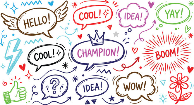 Colorful Hand Drawn Doodle Speech Bubbles Vector Set with Expressive Words Arrows and Comic Cloud Elements for Social Media Graphic Designs