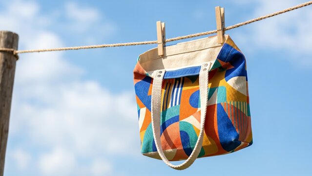 Colorful geometric tote bag drying on a clothesline against a blue sky