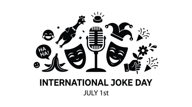 A microphone stands center stage surrounded by comedy masks and funny symbols celebrating the annual International Joke Day.