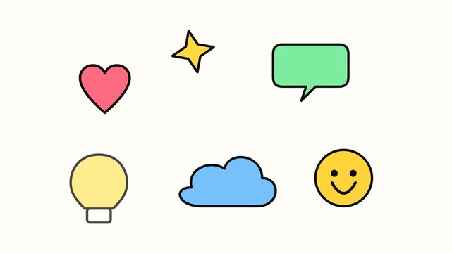 Colorful hand drawn doodle icon set on a simple layout