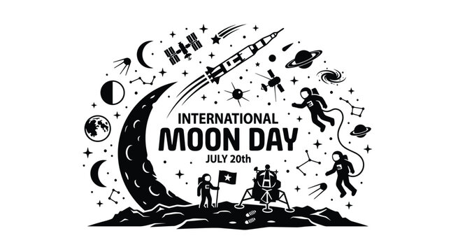 Moon Day graphic featuring an astronaut and a rocket ship on the lunar landscape with various planets and orbital objects.