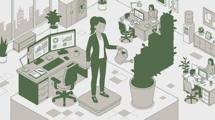 Naklejka premium Isometric Data Analyst Watering Bar Chart Plant for Sustainable Corporate Growth Concept