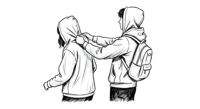 Two friends walking together with arms linked warmly outdoors.