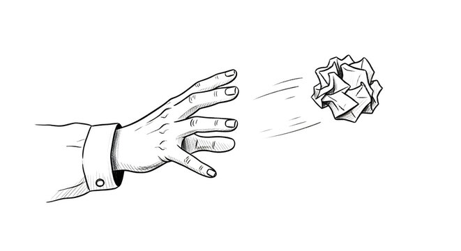 Hand throwing away crumpled paper sketch illustration.