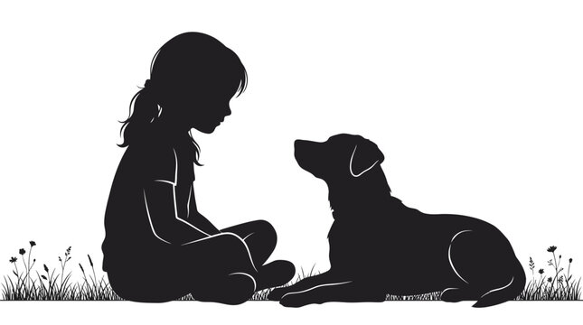 Black silhouette vector illustration of a young girl sitting with her loyal pet dog friend
