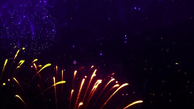 Vibrant digital fireworks explode across a dark, starry night sky creating a dynamic celebration backdrop for any event