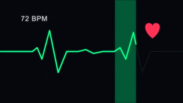 Green heart rate monitor display with 72 bpm