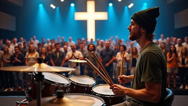 A drummer in a green shirt and beanie plays the drums on stage, with a glowing cross and blue lights in the background, as a crowd of worshippers claps in a church setting.