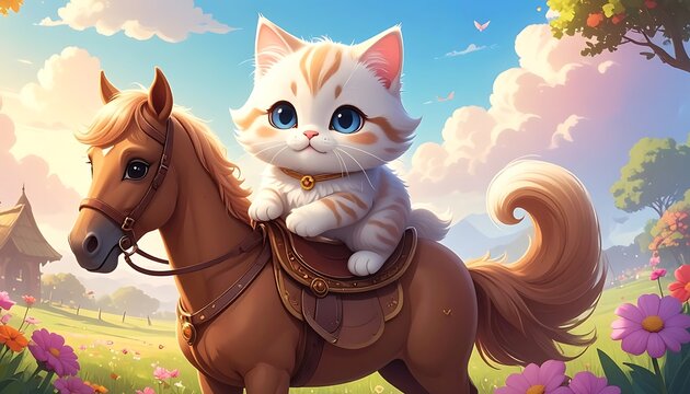 Kitten rides brown horse