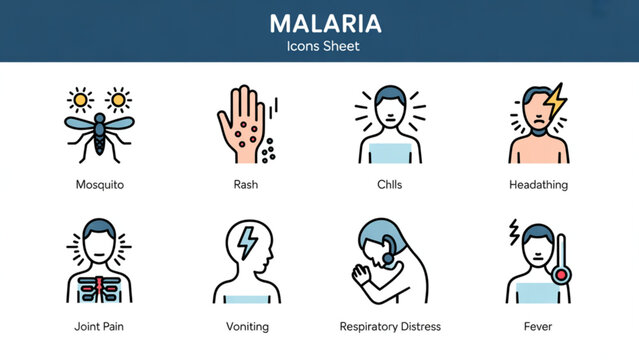 Malaria symptoms line icons set vector outline collection including fever headache chills rash fatigue joint pain and medical healthcare signs