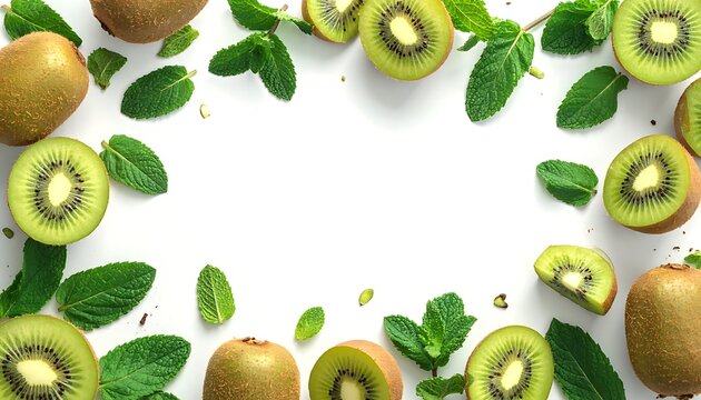 Kiwi & mint frame on white. Whole/sliced kiwis & scattered mint leaves create a vibrant, refreshing food background