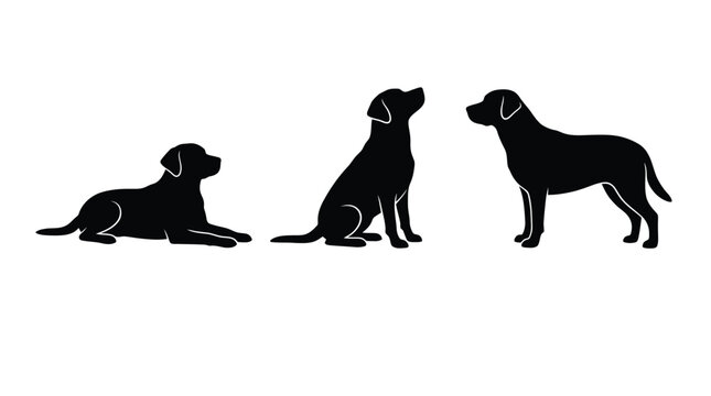 Minimalist black vector illustration featuring three distinct dog silhouettes in sitting lying and standing poses