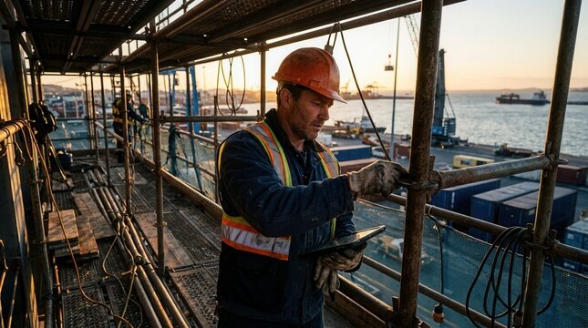 A Construction Foreman Reviewing Plans On-Site Near a Busy Port at Dusk