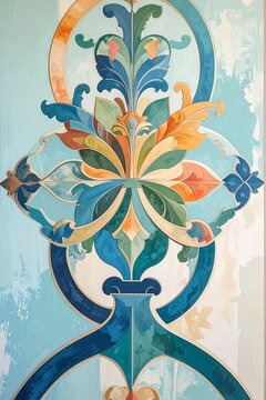 Abstract Floral Design: A vibrant and intricate abstract floral design with a harmonious blend of blues, greens, oranges, and earthy tones, suggesting organic forms within a symmetrical composition.