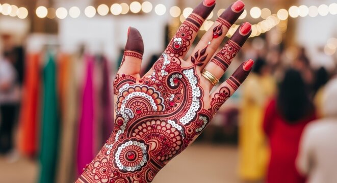 Indian pattern mehndi henna design hand raised at event with traditional celebration festival