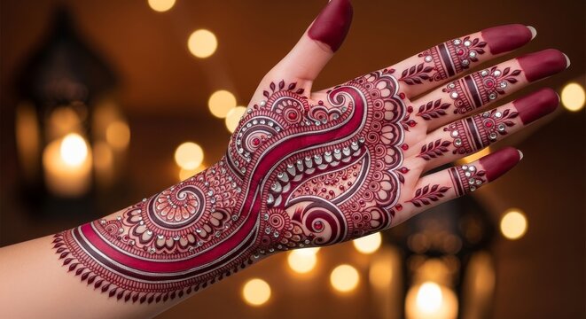Indian pattern bridal henna design on female hand at night with traditional ornament celebration