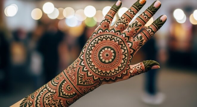 Indian pattern complex circular henna tattoo on hand for event with circular traditional ornament