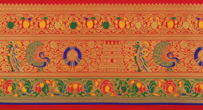 Indian pattern peacock and floral gold border saree fabric detail with traditional, ornament