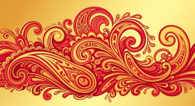 Indian pattern gold and red swirling paisley floral border with ornamental decorative traditional
