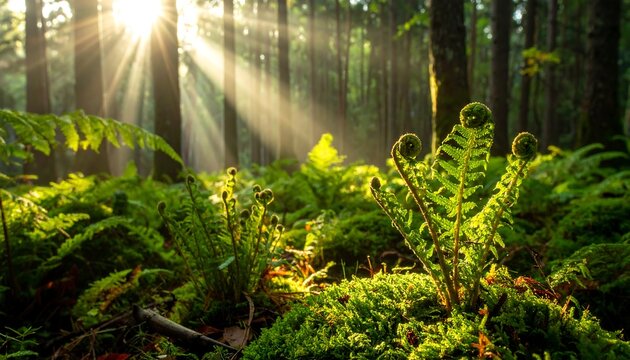 Sun rays stream through a dense forest, illuminating ferns and moss. Green dominates the scene, creating a sense of natural beauty