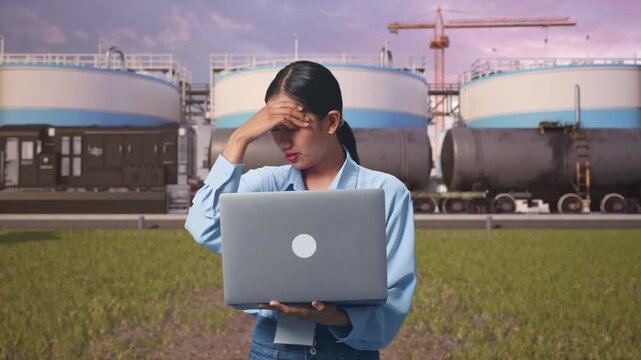 Asian Female With Her Laptop at Oil Refinery with Large Fuel Tanks and Cargo Train, She Is Nodding Her Shead With Dissapionted