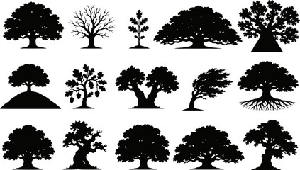 Oak tree silhouettes vector icon set isolated © raccoontail