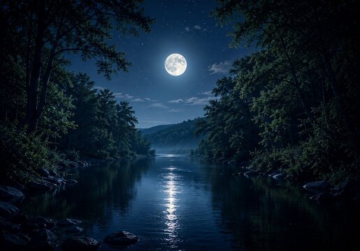 Quiet river framed by trees at night. The full moon reflects on the water, giving it a peaceful, almost magical feel.