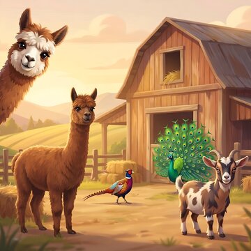 Farm Animals Alpaca Goat Peacock Pheasant Barn Sunset
