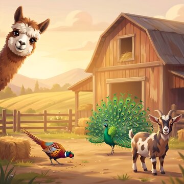 Farm Animals Playful Gathering Barn Countryside Morning