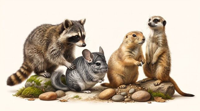 Cute Raccoon Chinchilla Prairie Dog Meerkat Group Photo