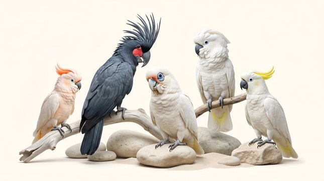 Diverse Cockatoo Birds Perch Together on a Branch