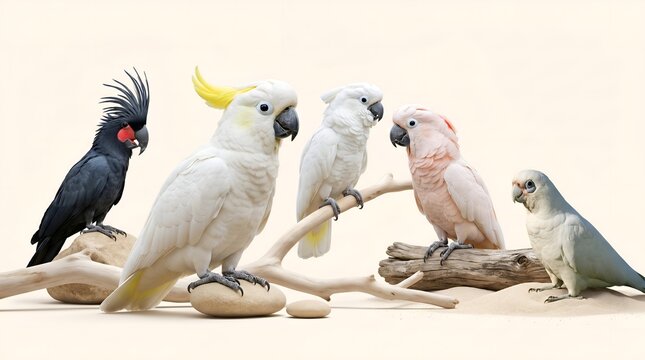 Diverse Cockatoos Perched Grouped Together Natural Setting