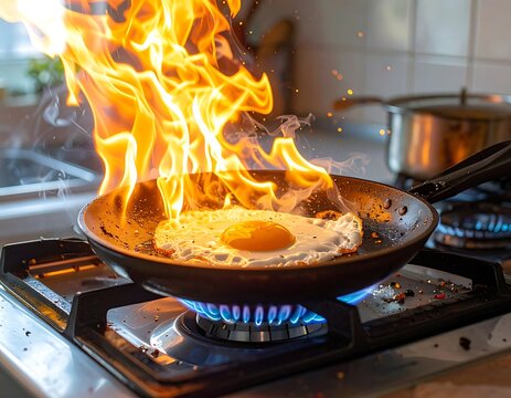 Flaming pan with egg on stove.
