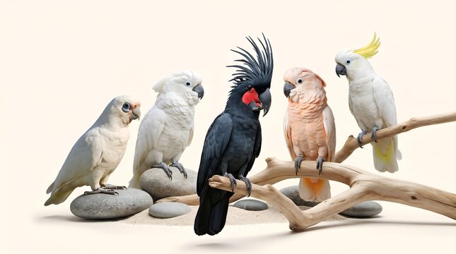 Diverse Cockatoos Perched on Driftwood in Tropical Setting