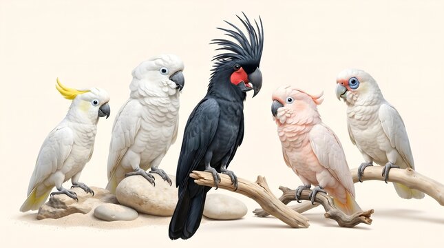 Diverse Cockatoos Perched on Branches Tropical Birds Exotic