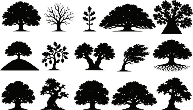 Oak tree silhouettes vector icon set isolated