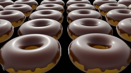 Obraz premium A 3D rendering of a dynamic, floating cluster of chocolate-frosted donuts against a crisp, solid background.