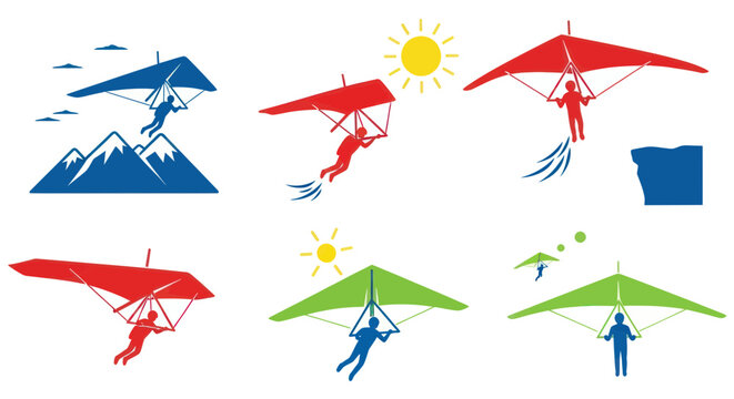 Hang Gliding Set: Silhouettes of People Flying with Hang Gliders
