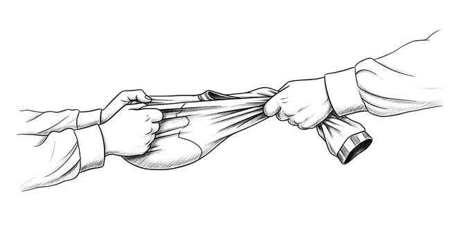 Detailed sketch of hands passing surgical thread with needle.