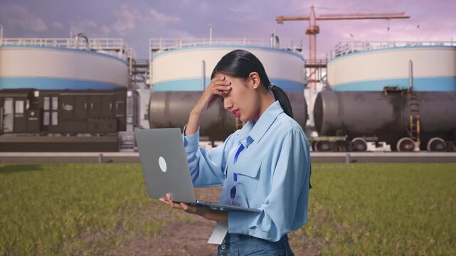 Side View Of Asian Female Professional Worker Use Laptop at Oil Refinery with Large Fuel Tanks and Cargo Train,  She Is Nodding Her Shead With Dissapionted