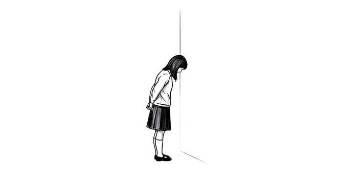 Sad young student standing alone with head down.