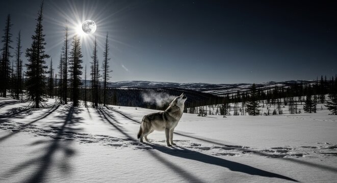 Lone Wolf Howling at the Full Moon in a Snowy Winter Landscape